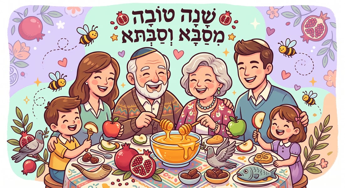איור קריקטורה של משפחה רב דורית סביב שולחן ראש השנה, טובלים תפוח בדבש