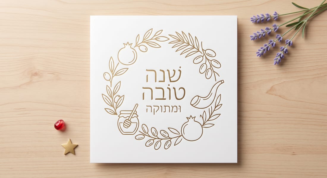 כרטיס לבן עם ציור קו מוזהב עדין של זר רימונים והכיתוב שנה טובה ומתוקה