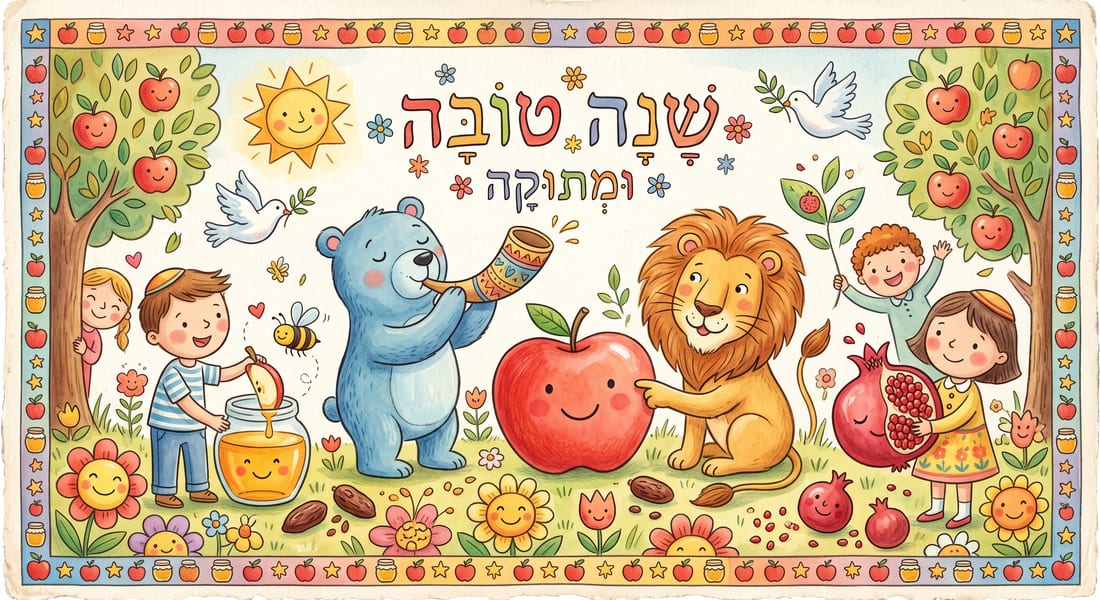 איור ילדים בצבעי מים עם חיות, ילדים, תפוחים ודבש, ומסגרת צבעונית
