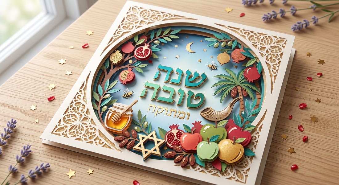 כרטיס בסגנון חיתוך לייזר עדין עם מסגרת תחרה, רימונים, שופר ומגן דוד