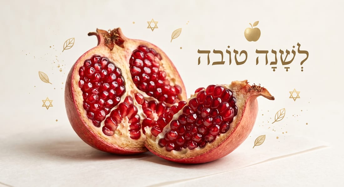 צילום מוצר יוקרתי של רימון פתוח על רקע בהיר עם כיתוב מוזהב לשנה טובה