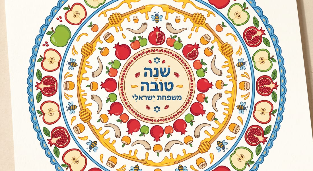 כרטיס שנה טובה בעיצוב מנדלה מעגלי וסימטרי של תפוחים, רימונים, שופרים ודבורים