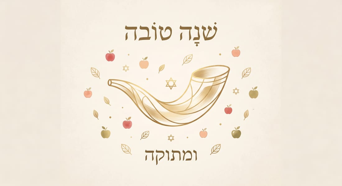 עיצוב מינימליסטי בגווני שמנת עם שופר מוזהב, תפוחים קטנים והכיתוב שנה טובה ומתוקה