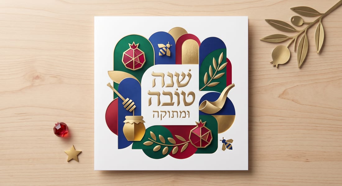 גזירת נייר שטוחה בצבעים עזים עם הכיתוב שנה טובה ומתוקה