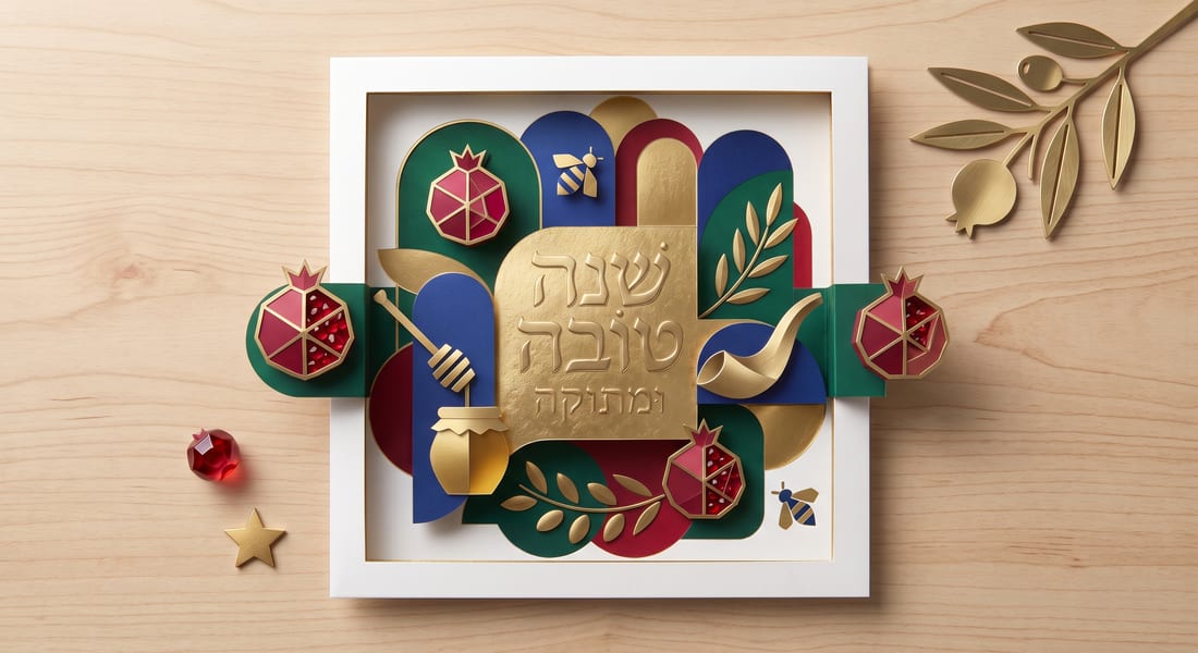 כרטיס בסגנון גזירת נייר בשכבות עם רימונים, שופר ולוחות הברית בצבעים עזים