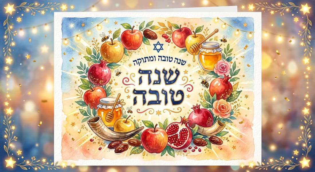 כרטיס ברכה לשנה טובה בצבעי מים עם זר של תפוחים ורימונים